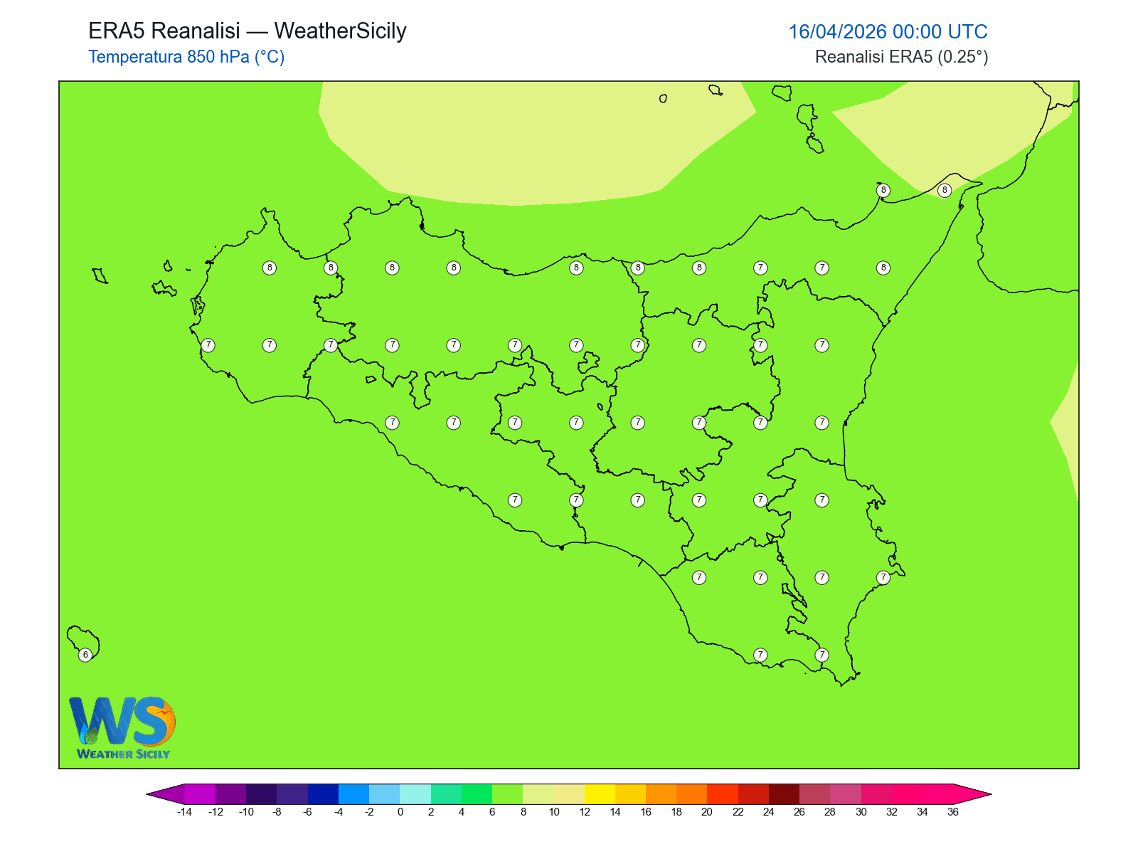Temperatura a 850 hPa · 2026041600