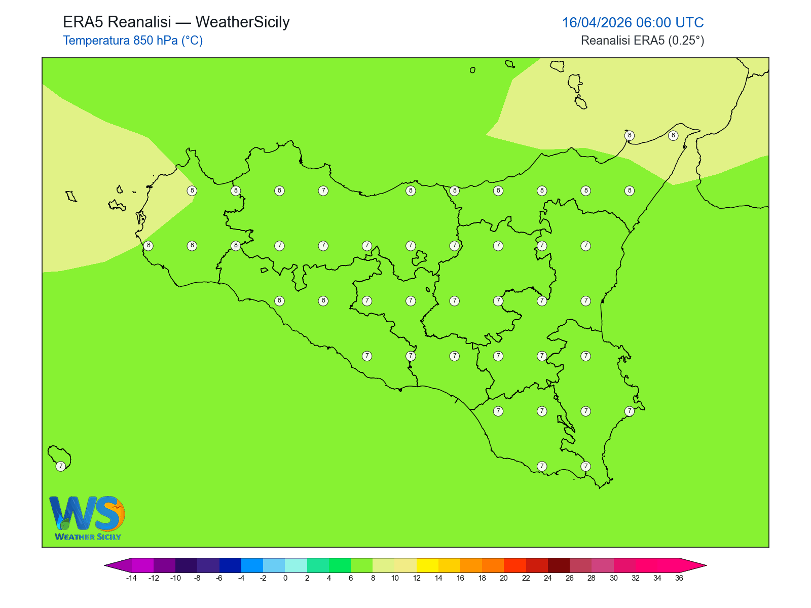 Temperatura a 850 hPa · 2026041606