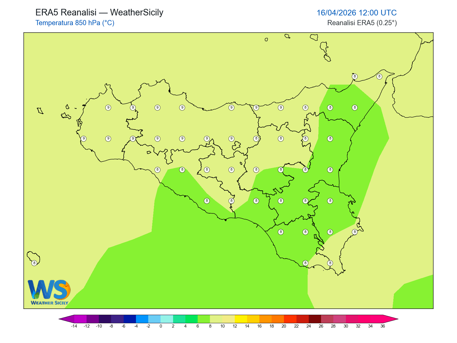 Temperatura a 850 hPa · 2026041612