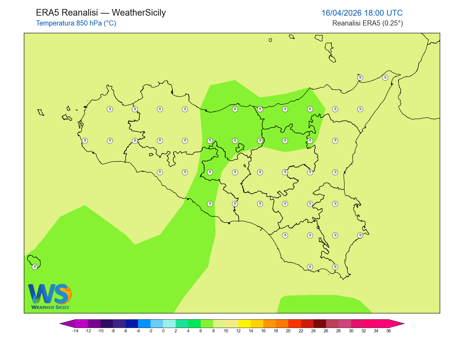 Temperatura a 850 hPa · 2026041618
