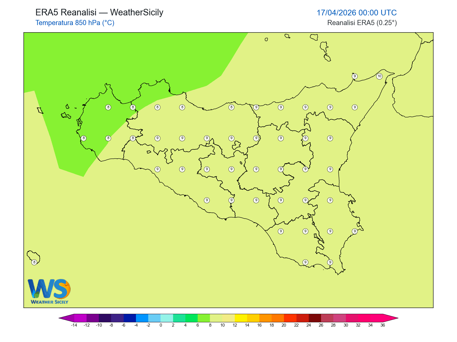 Temperatura a 850 hPa · 2026041700