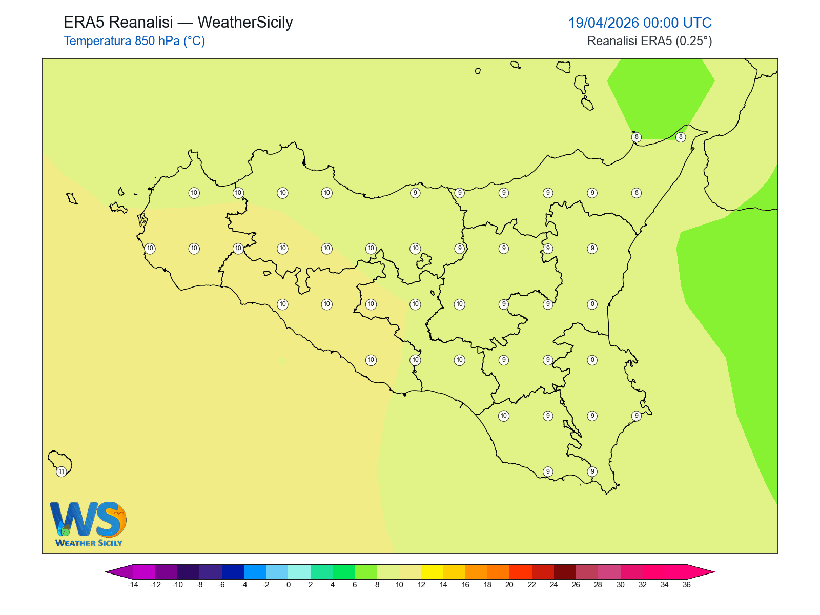 Temperatura a 850 hPa · 2026041900
