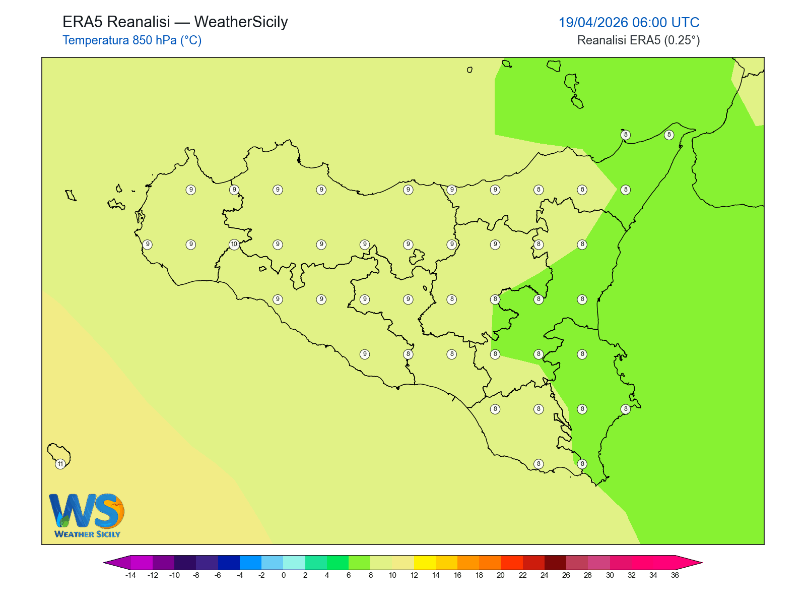 Temperatura a 850 hPa · 2026041906