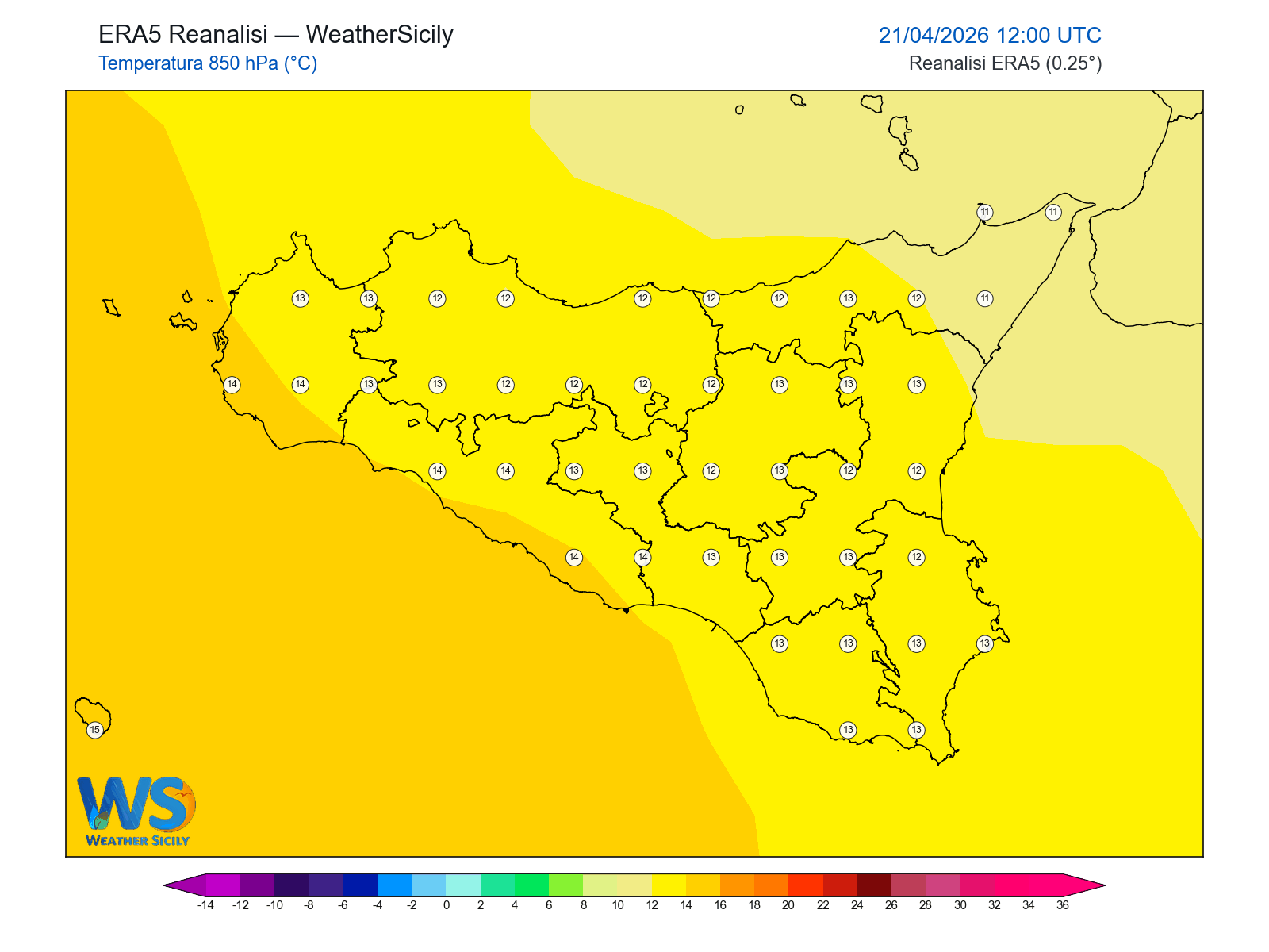 Temperatura a 850 hPa · 2026042112