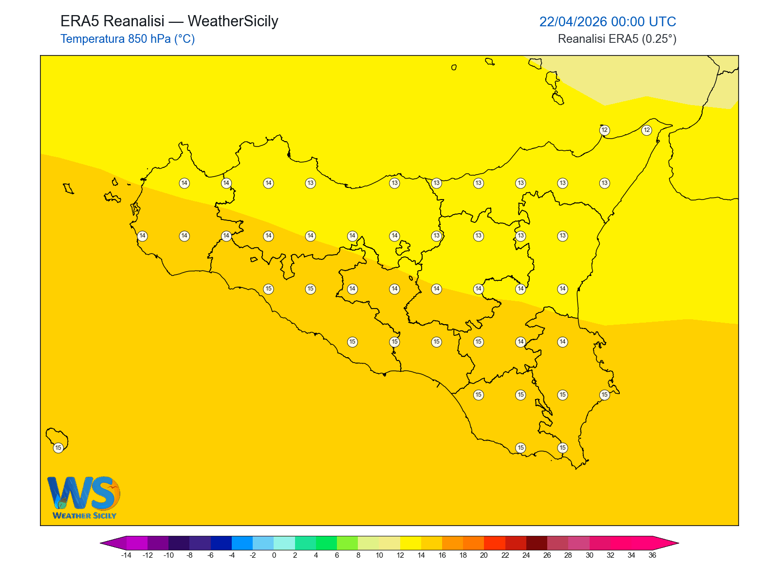 Temperatura a 850 hPa · 2026042200