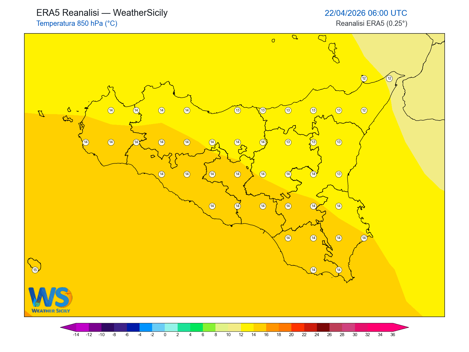 Temperatura a 850 hPa · 2026042206