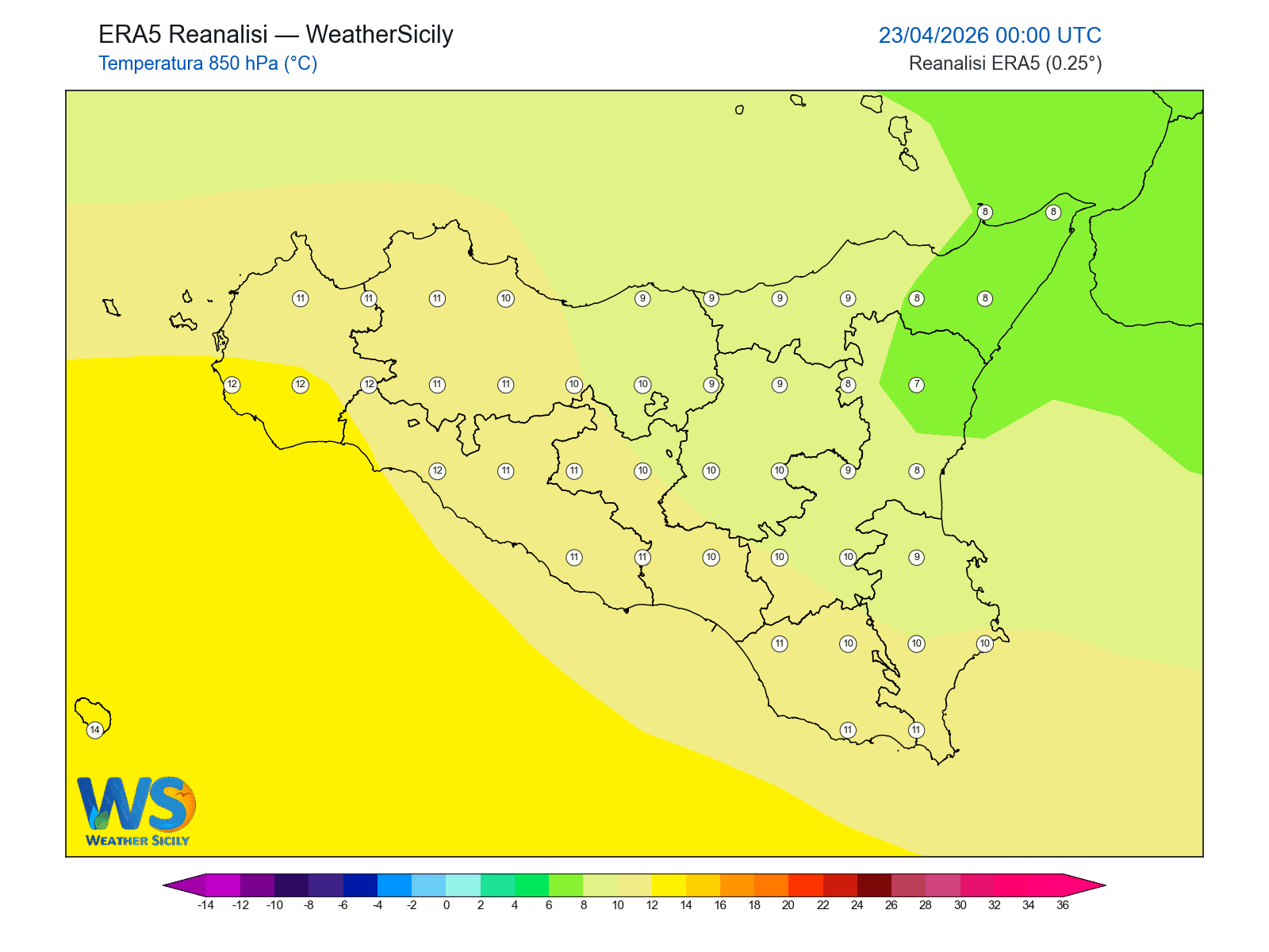 Temperatura a 850 hPa · 2026042300
