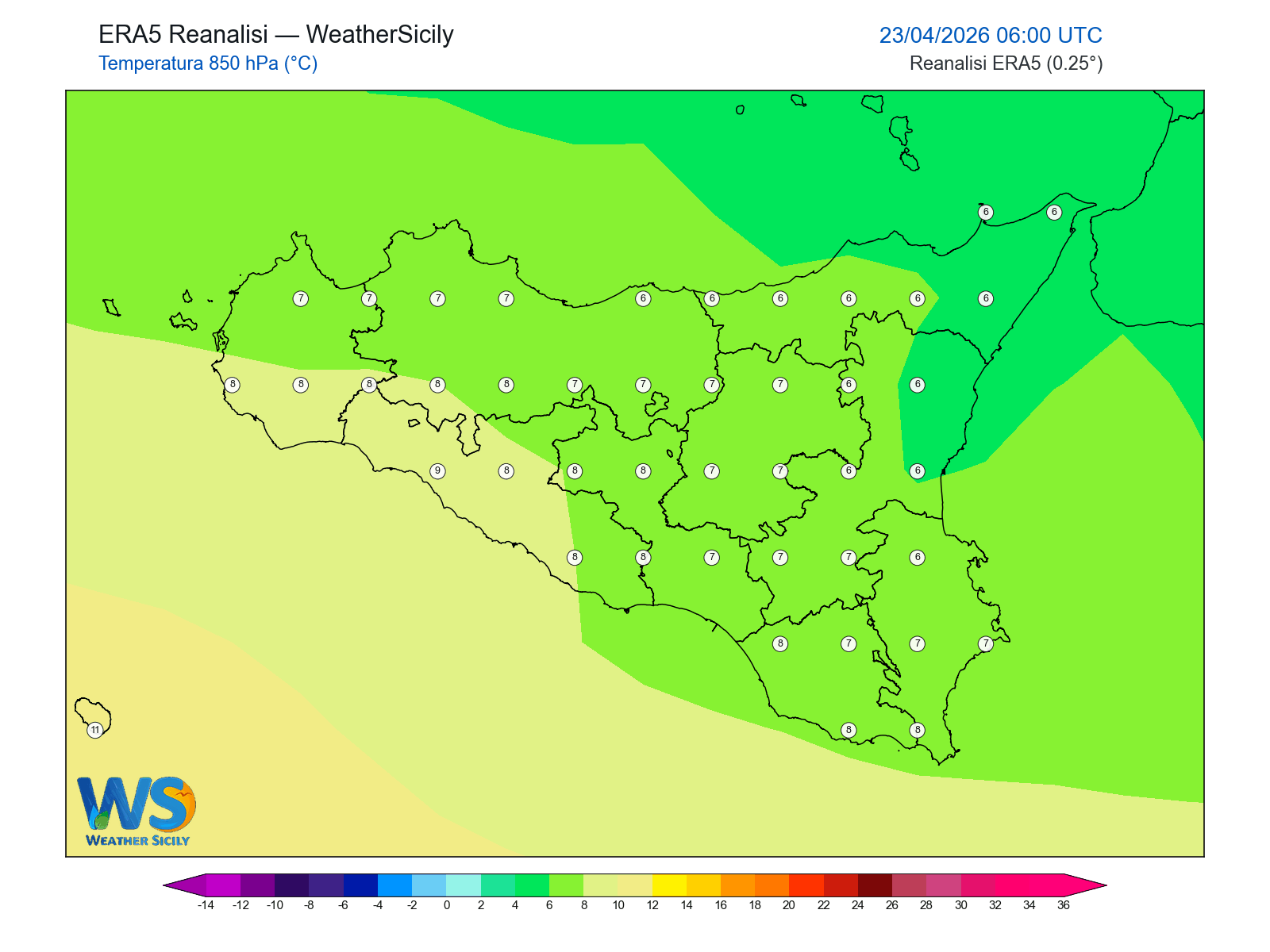 Temperatura a 850 hPa · 2026042306