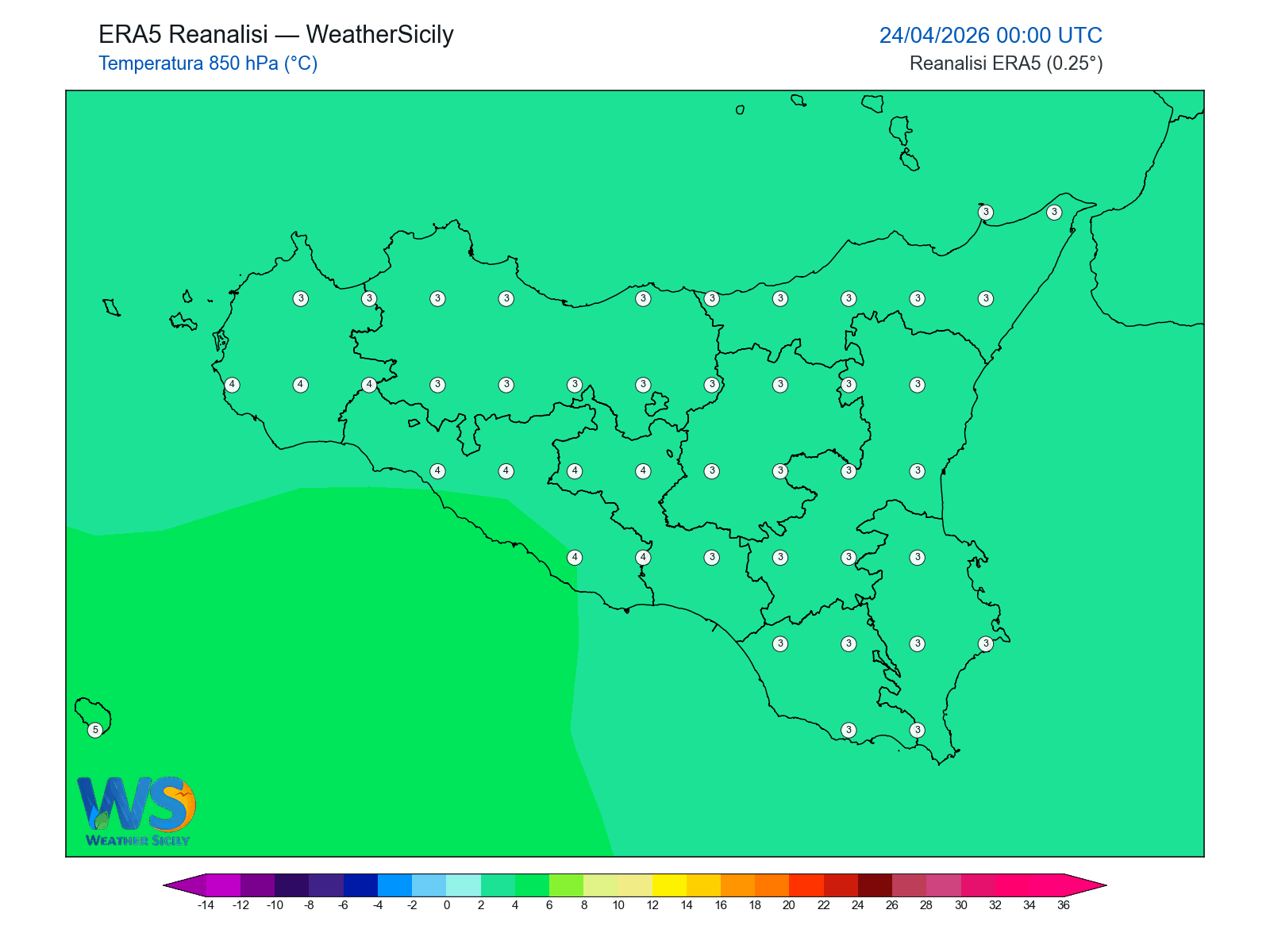 Temperatura a 850 hPa · 2026042400