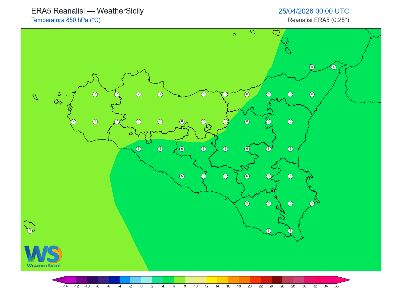 Temperatura a 850 hPa · 2026042500