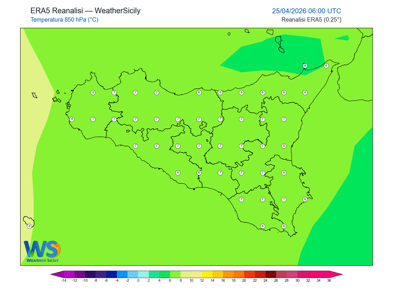Temperatura a 850 hPa · 2026042506