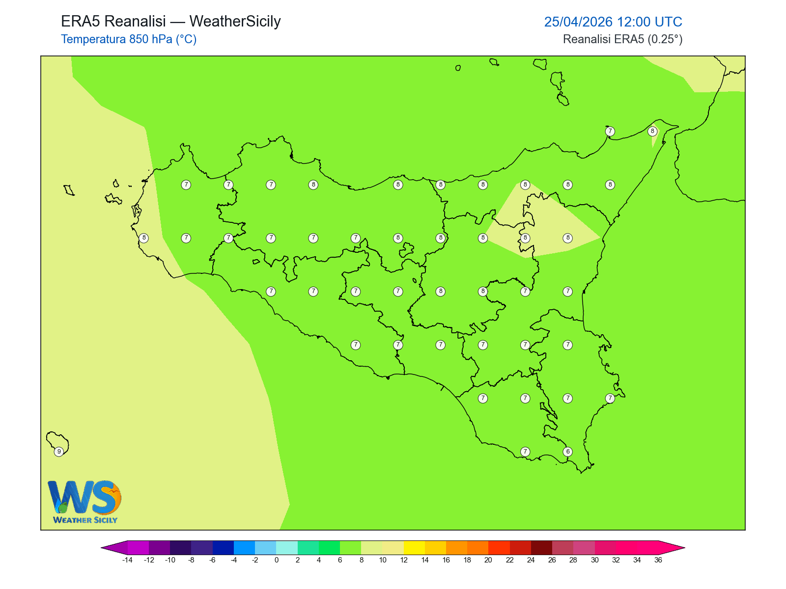 Temperatura a 850 hPa · 2026042512