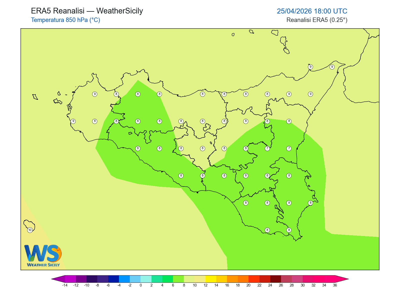 Temperatura a 850 hPa · 2026042518