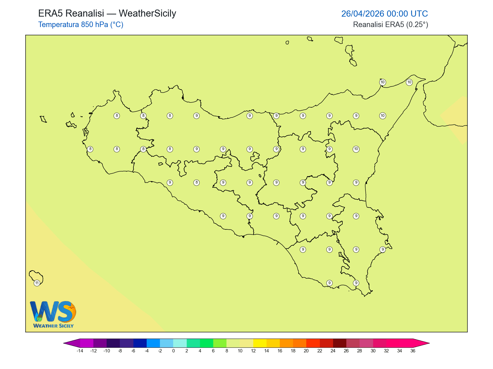 Temperatura a 850 hPa · 2026042600