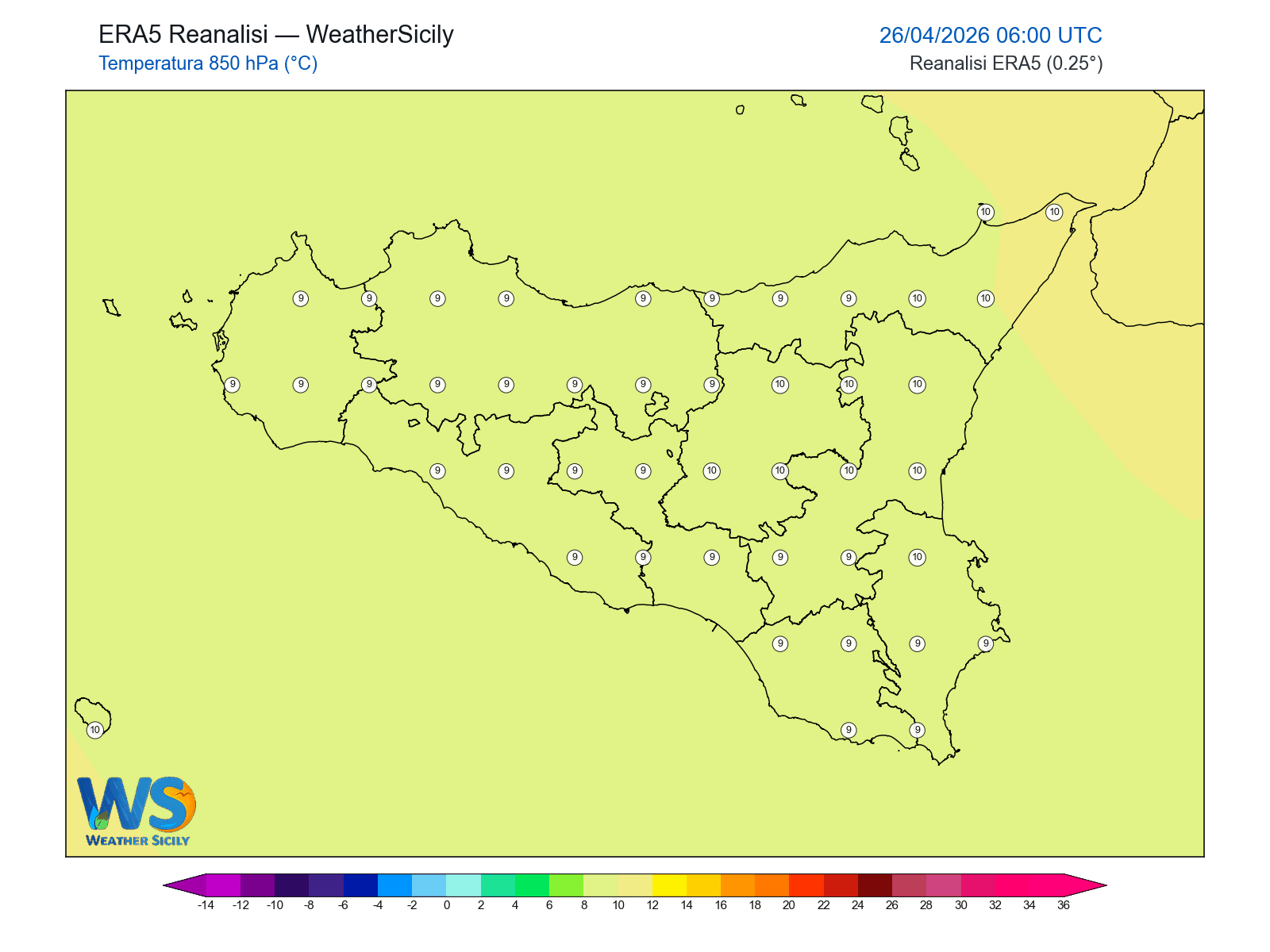 Temperatura a 850 hPa · 2026042606