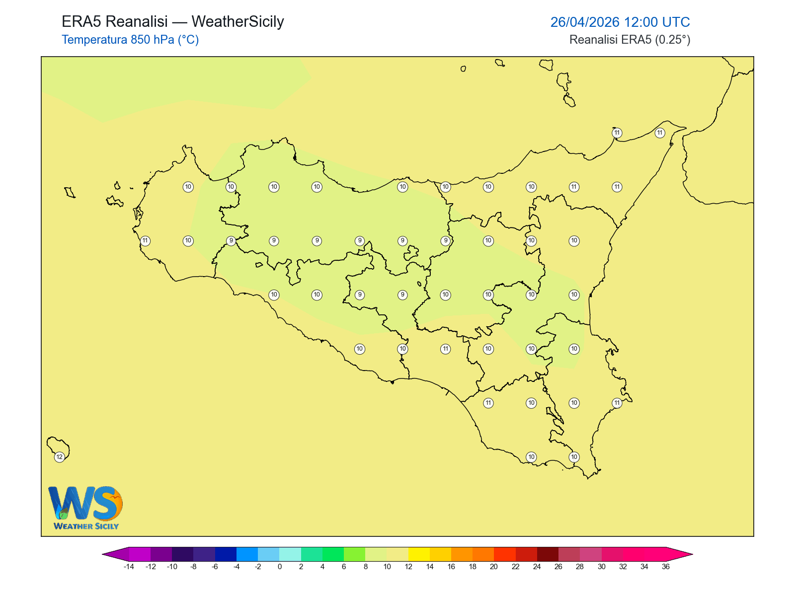 Temperatura a 850 hPa · 2026042612