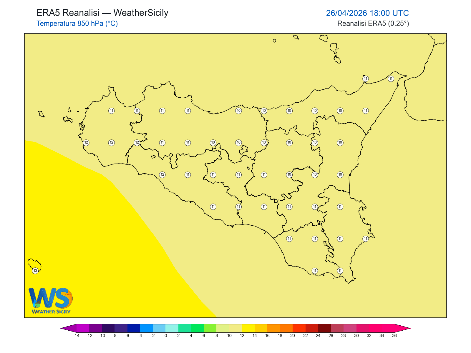 Temperatura a 850 hPa · 2026042618