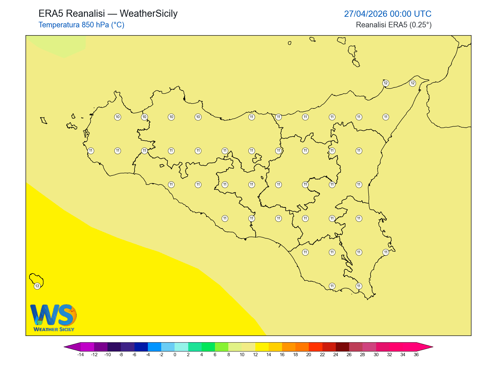 Temperatura a 850 hPa · 2026042700