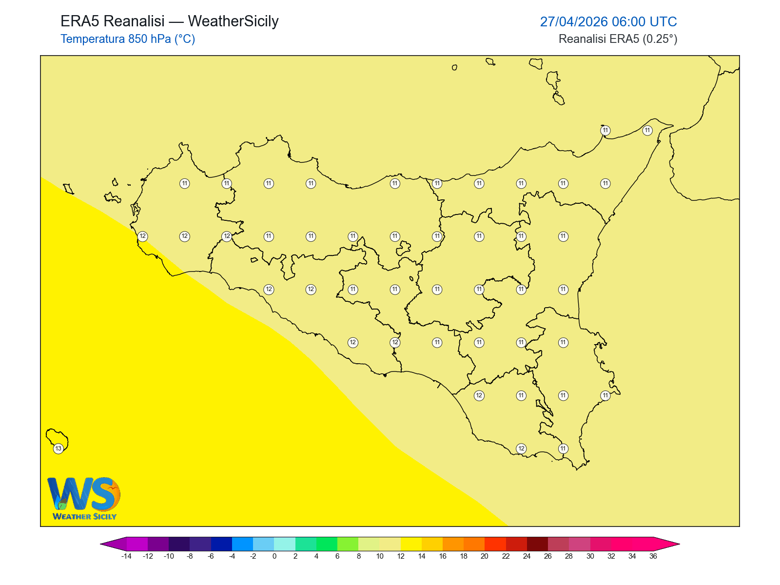 Temperatura a 850 hPa · 2026042706