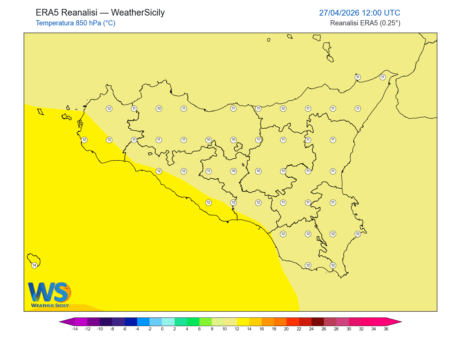 Temperatura a 850 hPa · 2026042712