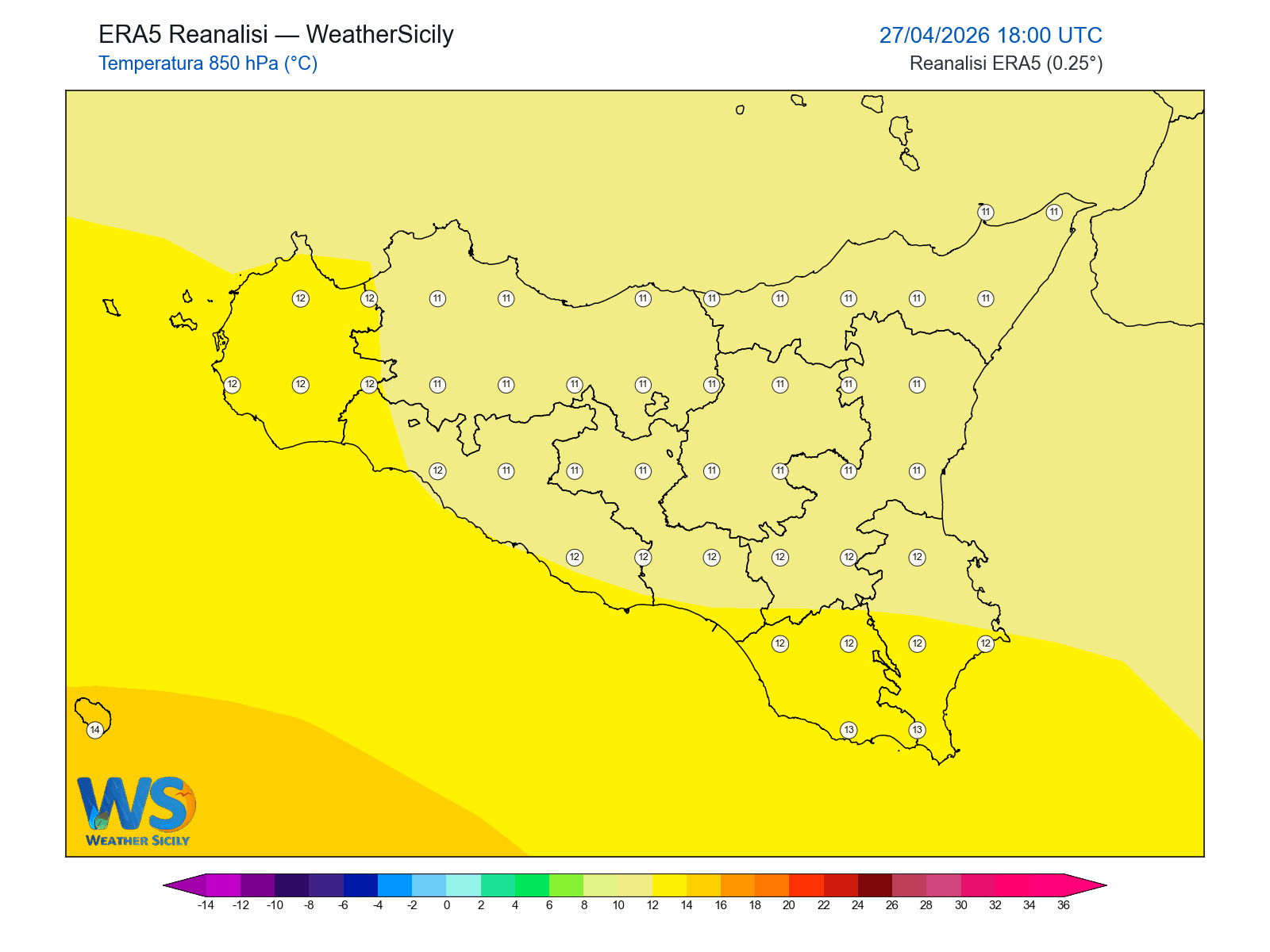 Temperatura a 850 hPa · 2026042718