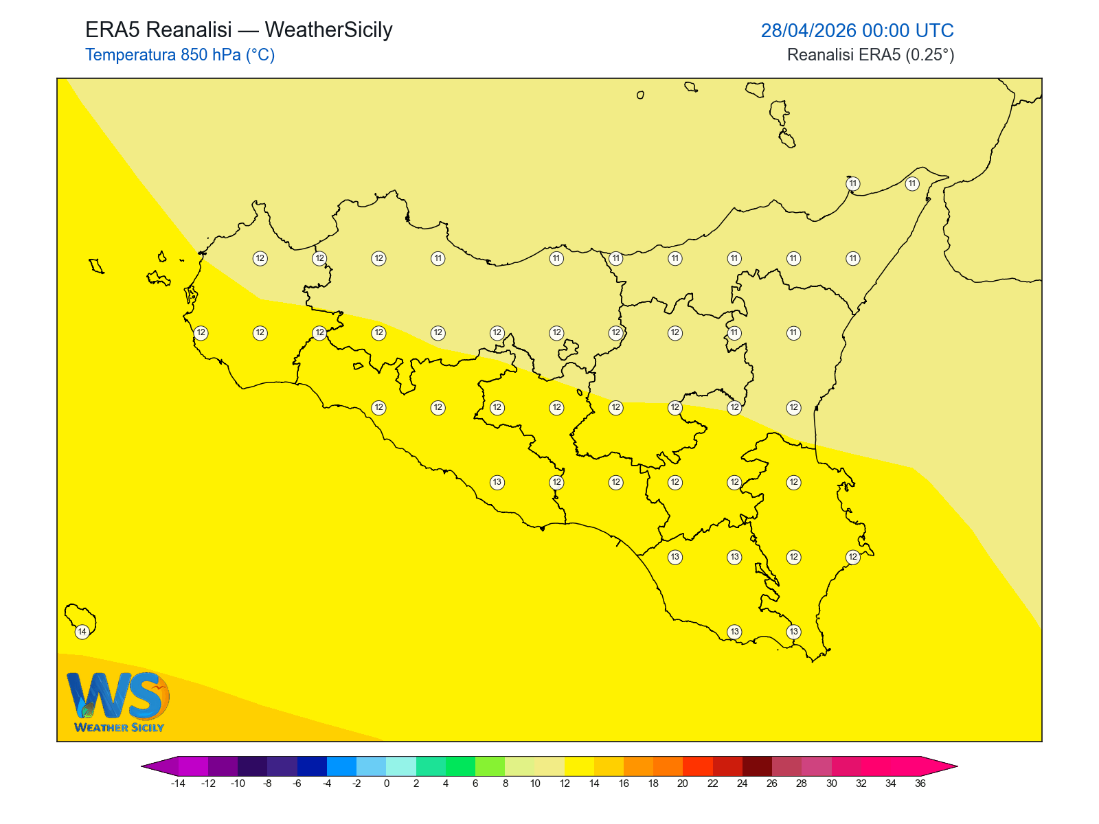 Temperatura a 850 hPa · 2026042800