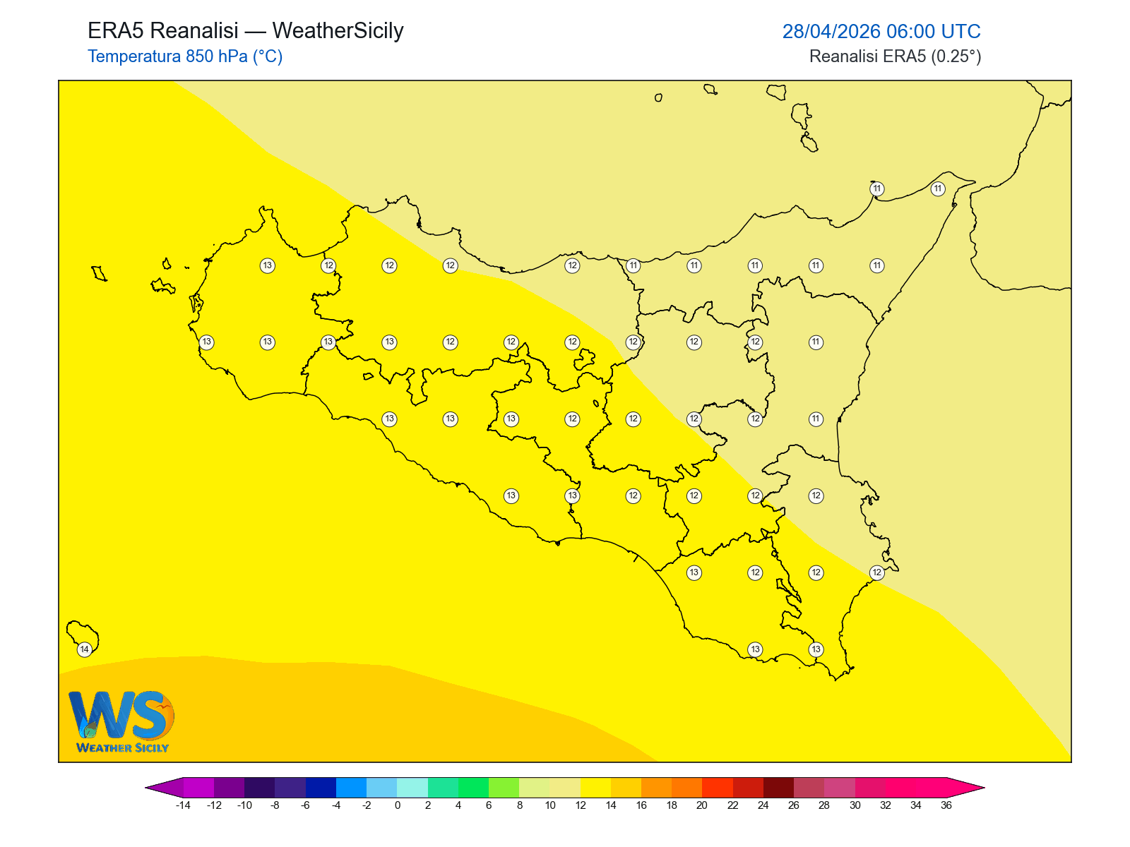 Temperatura a 850 hPa · 2026042806