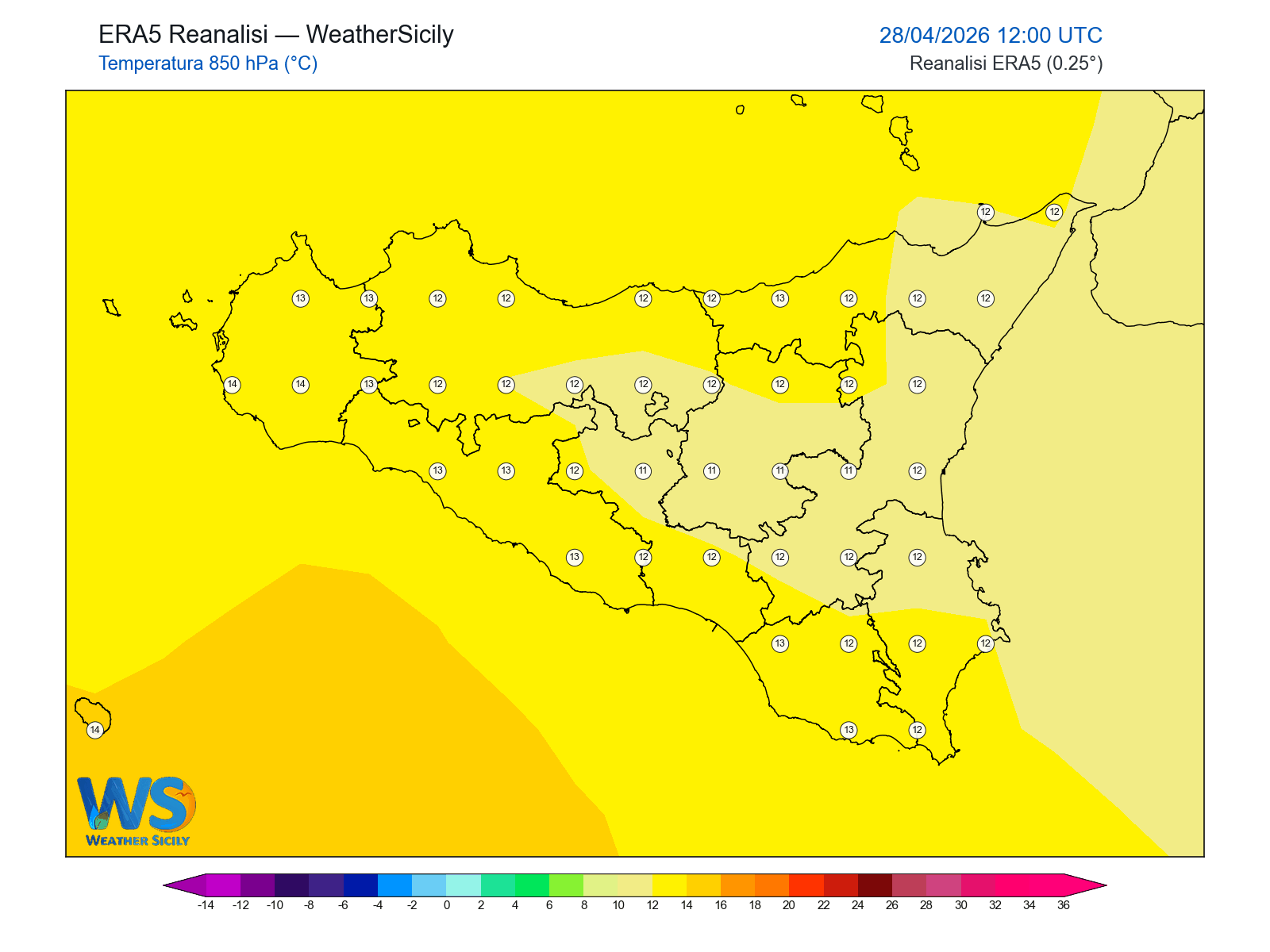 Temperatura a 850 hPa · 2026042812