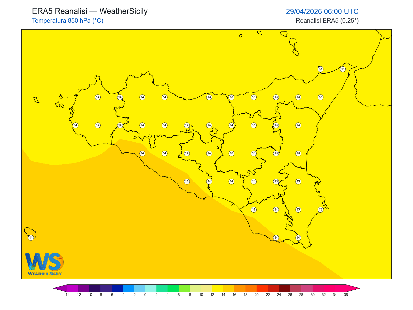 Temperatura a 850 hPa · 2026042906