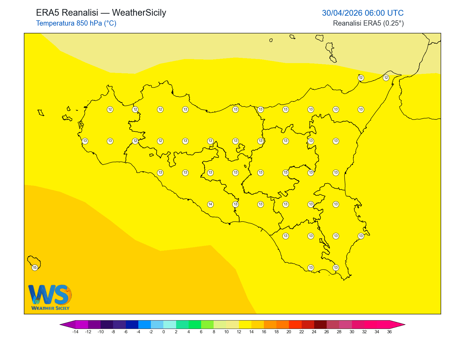 Temperatura a 850 hPa · 2026043006