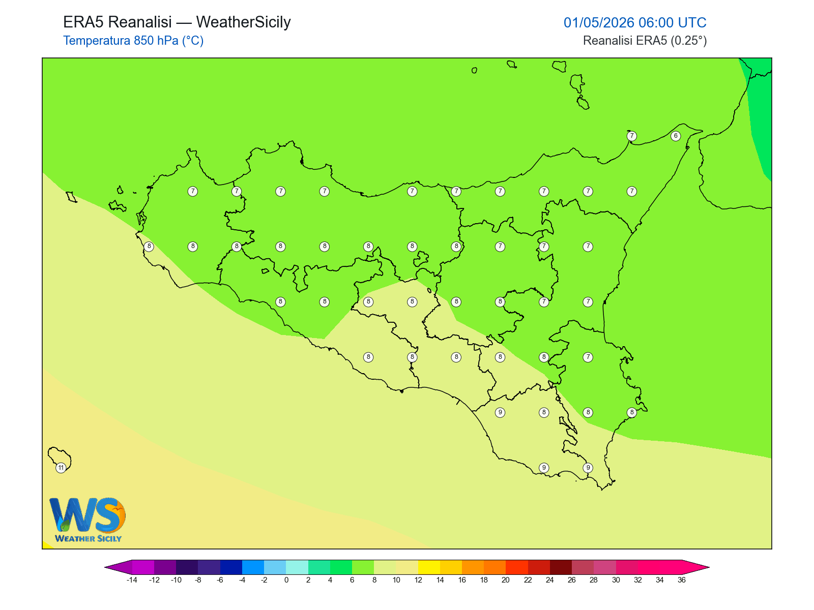 Temperatura a 850 hPa · 2026050106