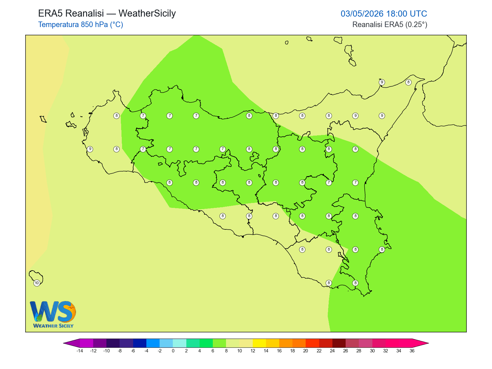 Temperatura a 850 hPa · 2026050318