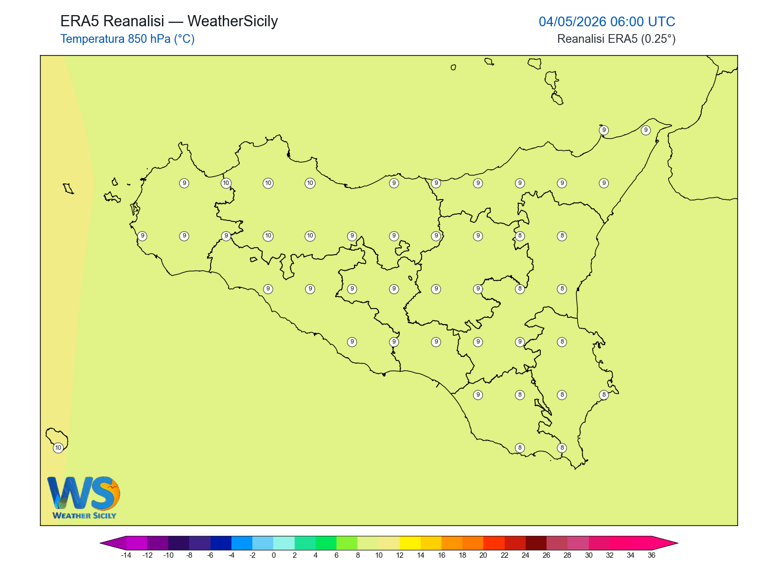 Temperatura a 850 hPa · 2026050406