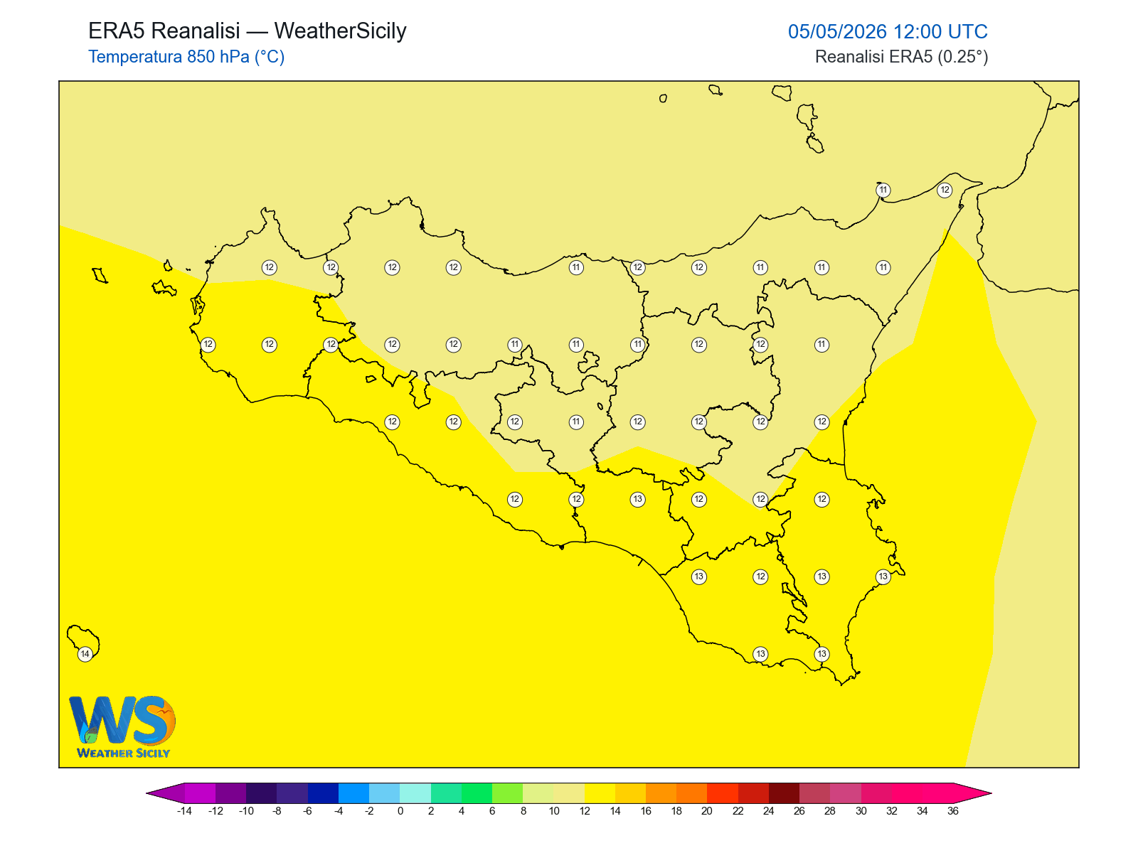 Temperatura a 850 hPa · 2026050512