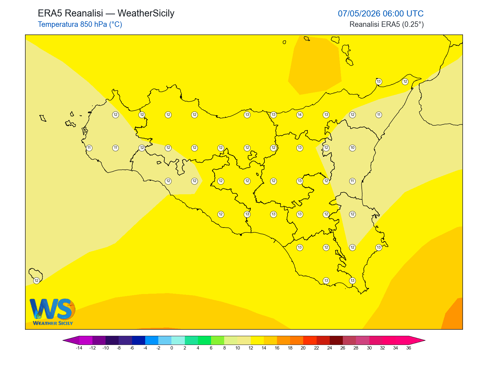 Temperatura a 850 hPa · 2026050706