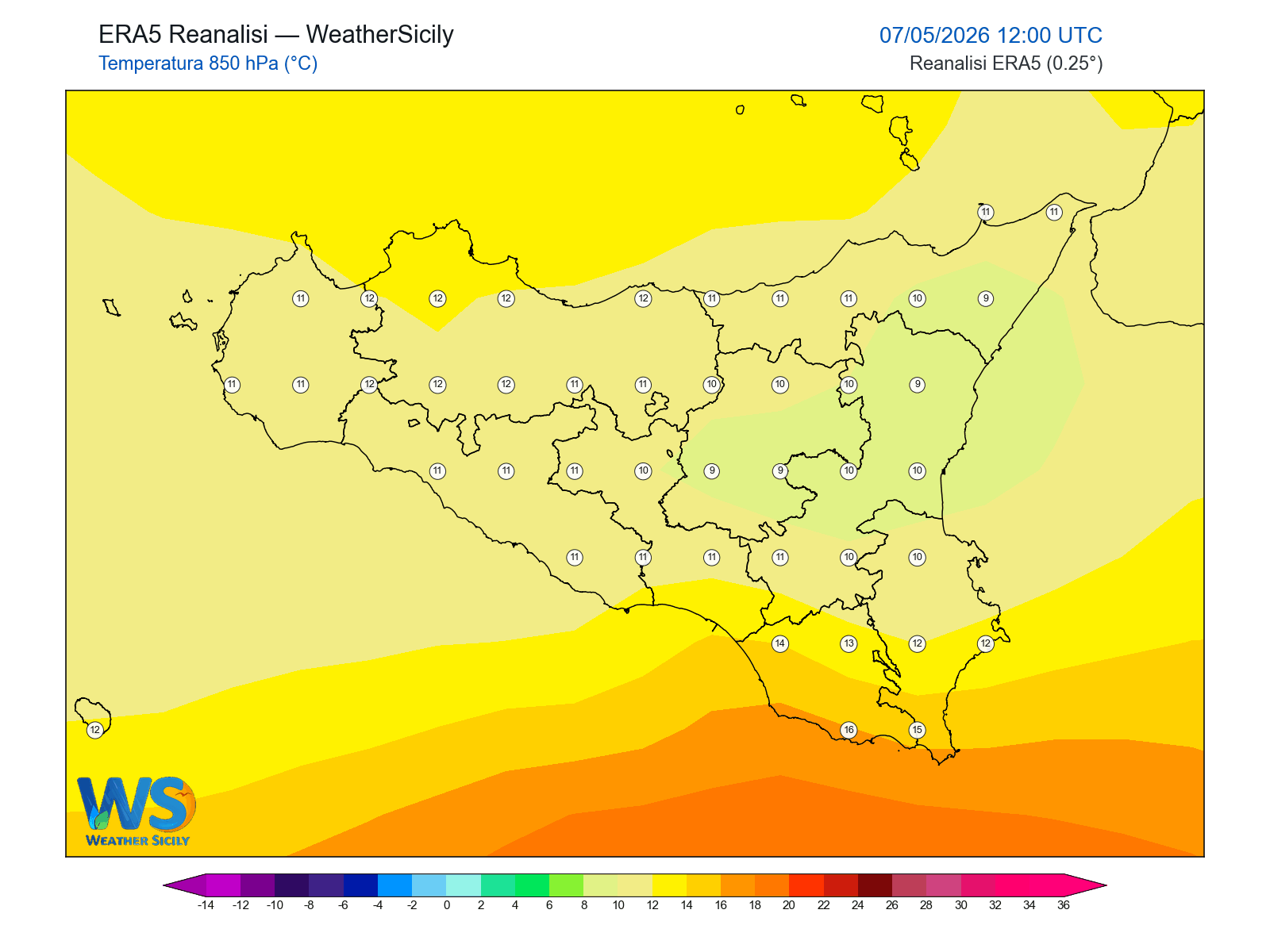 Temperatura a 850 hPa · 2026050712