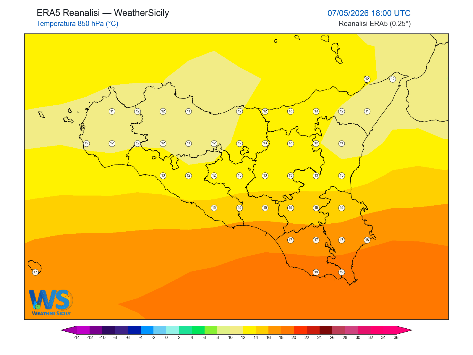 Temperatura a 850 hPa · 2026050718