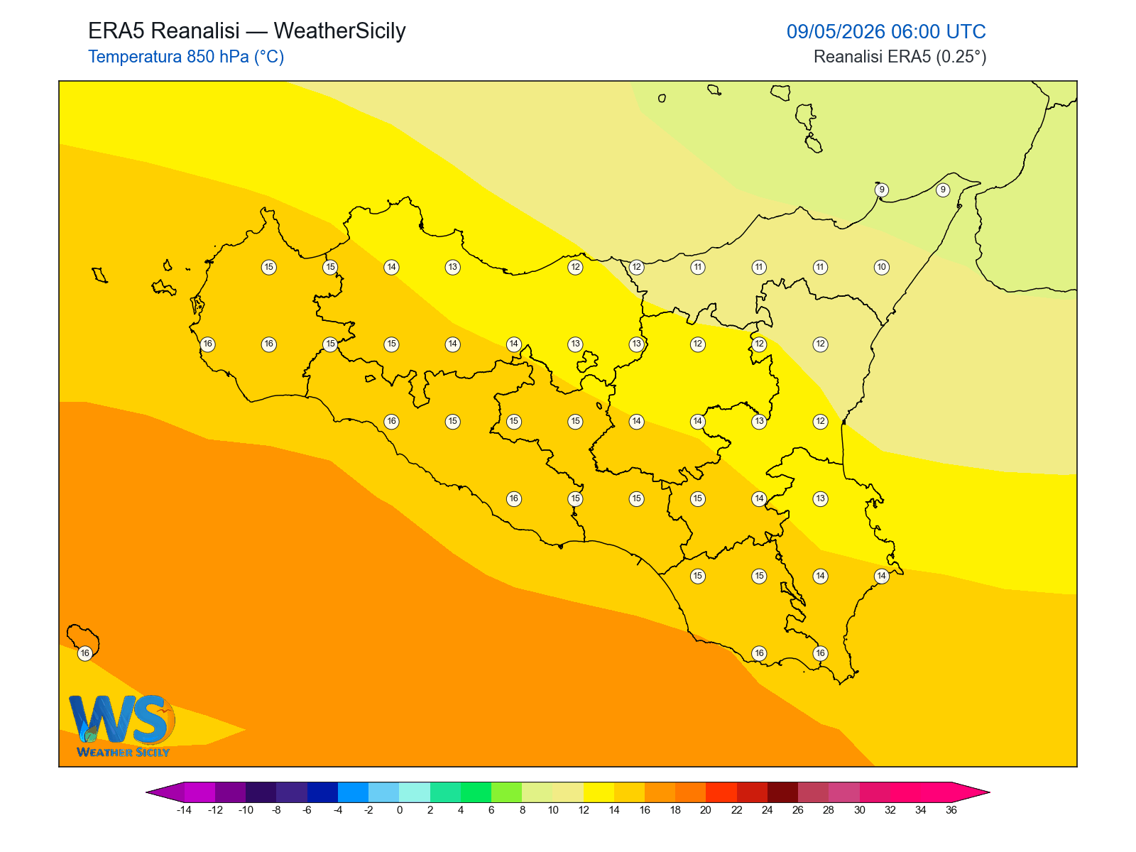 Temperatura a 850 hPa · 2026050906