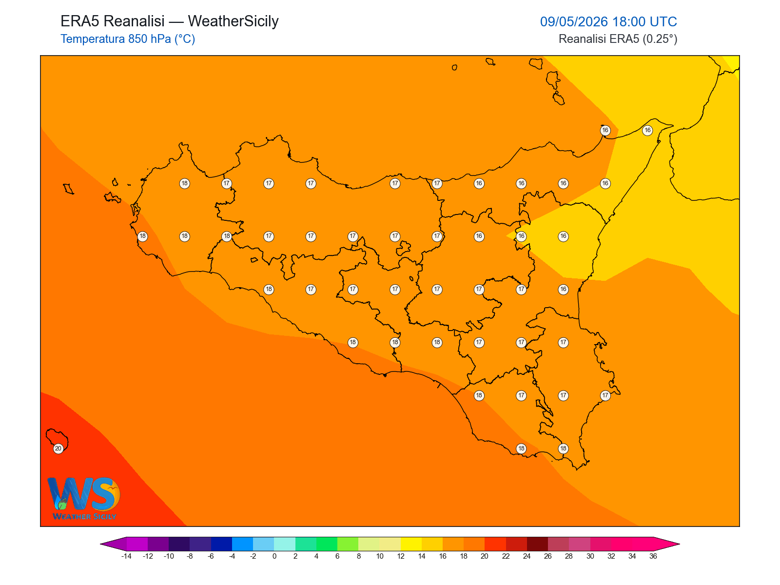 Temperatura a 850 hPa · 2026050918
