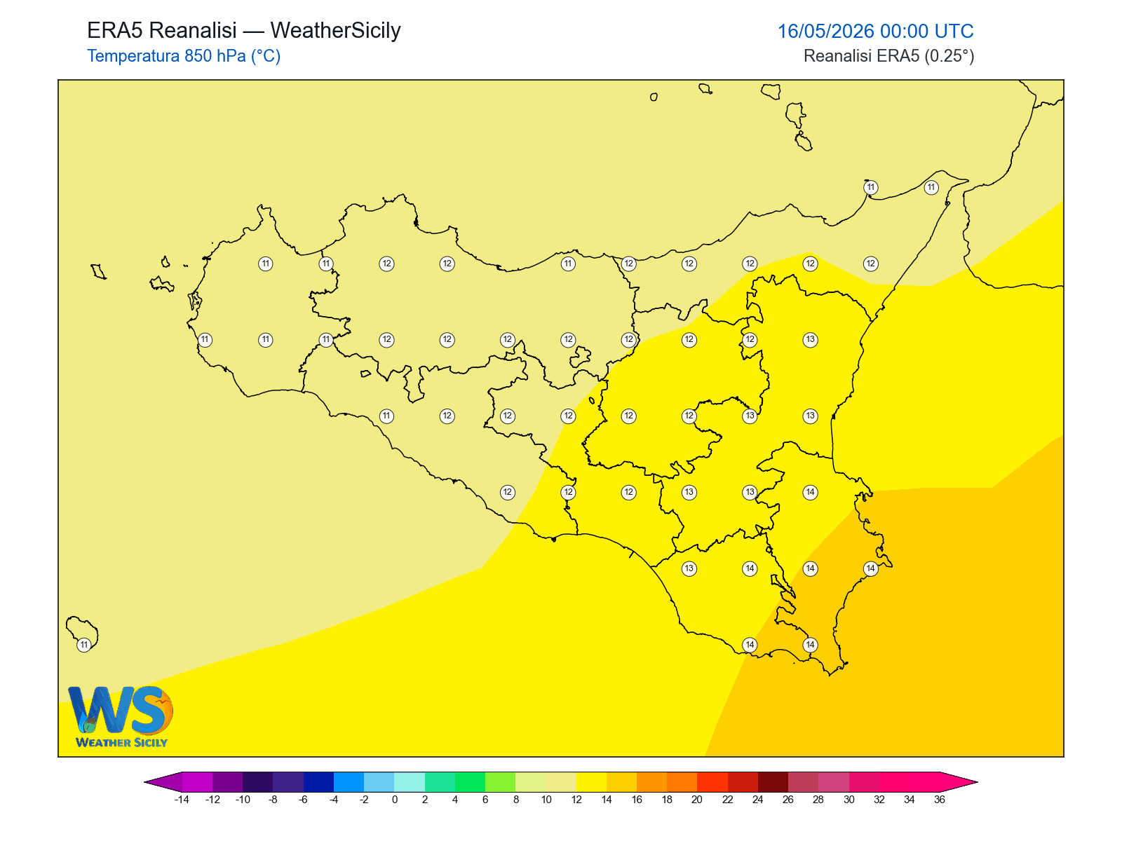 Temperatura a 850 hPa · 2026051600