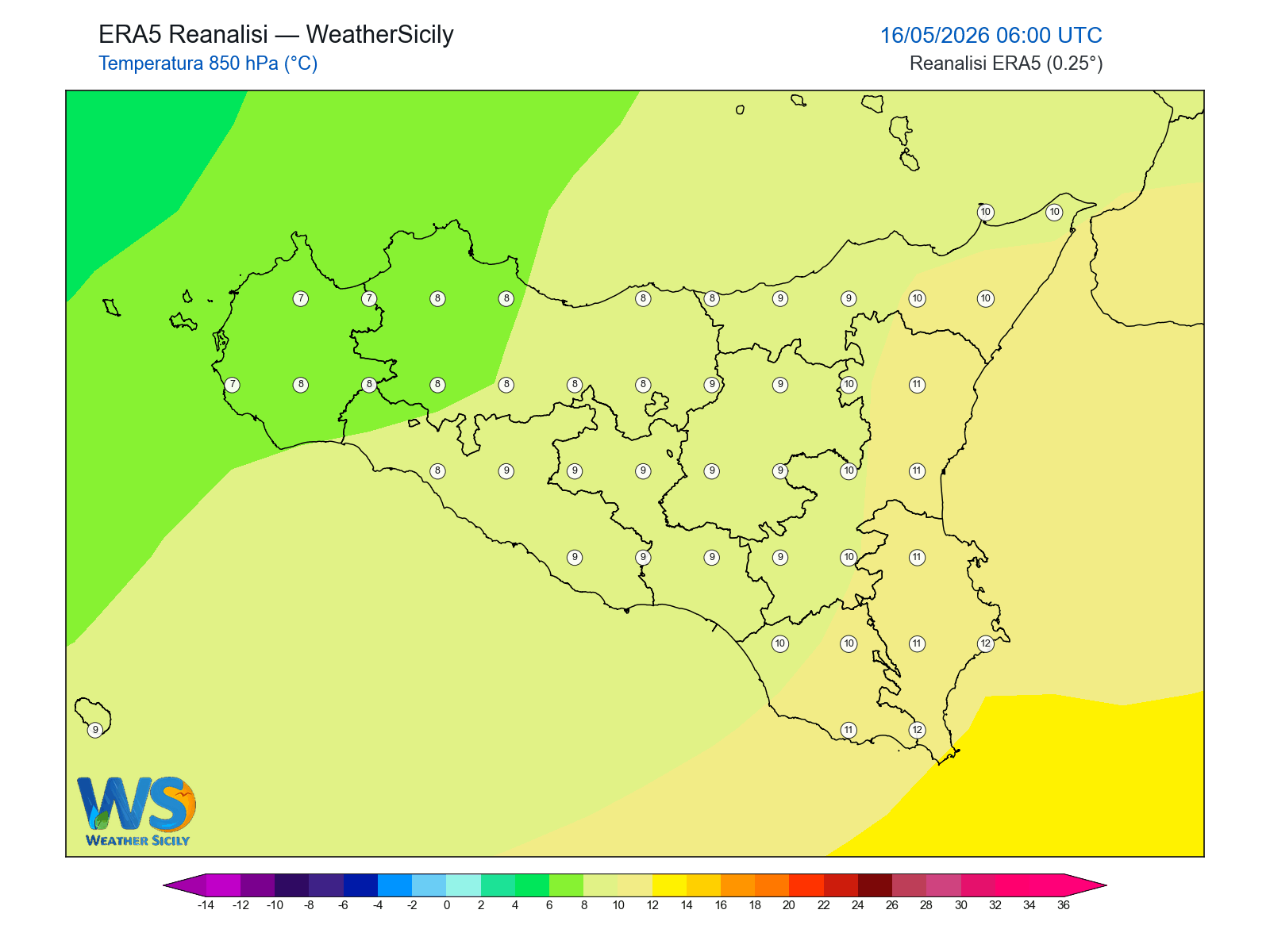 Temperatura a 850 hPa · 2026051606