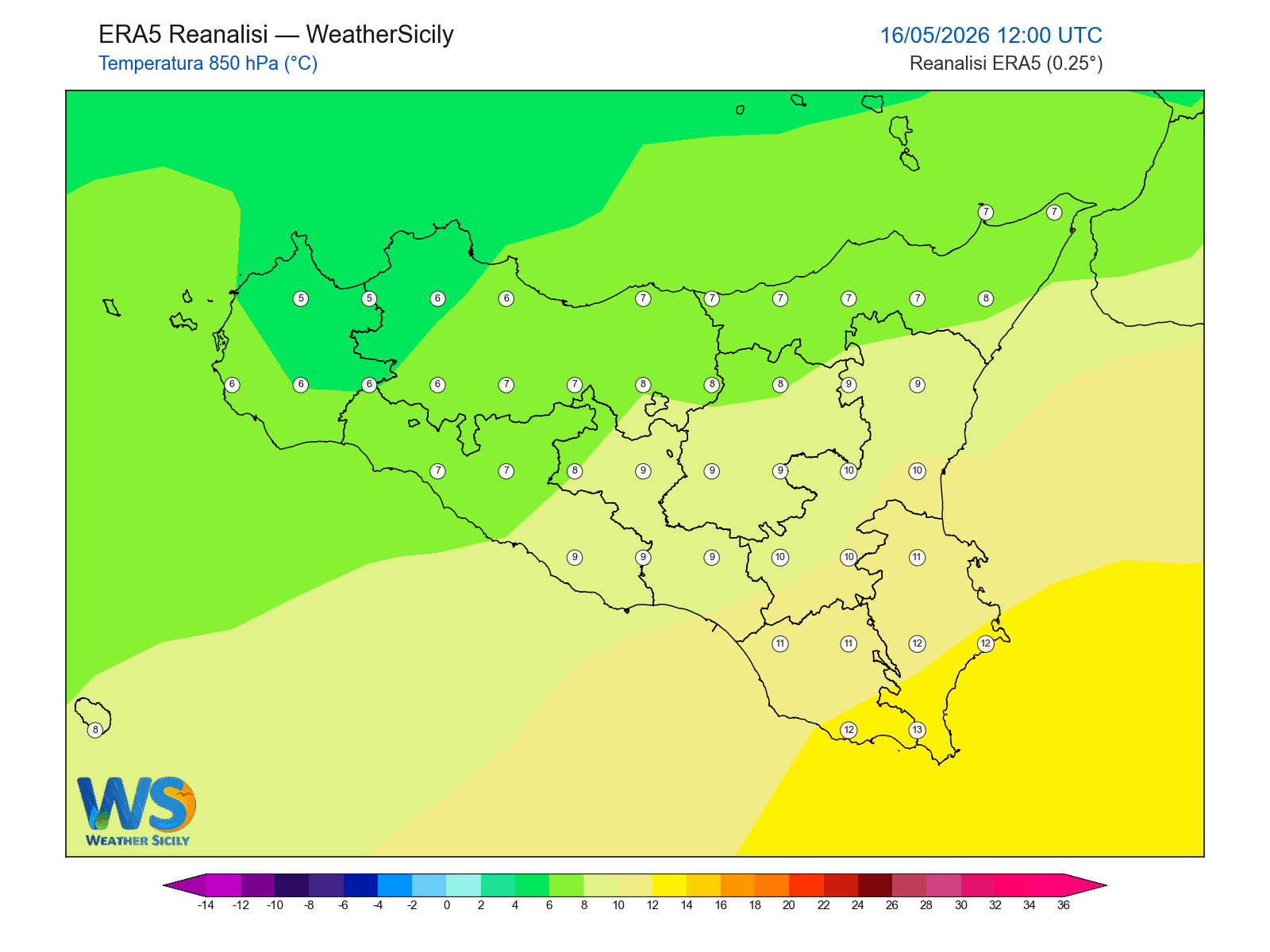 Temperatura a 850 hPa · 2026051612