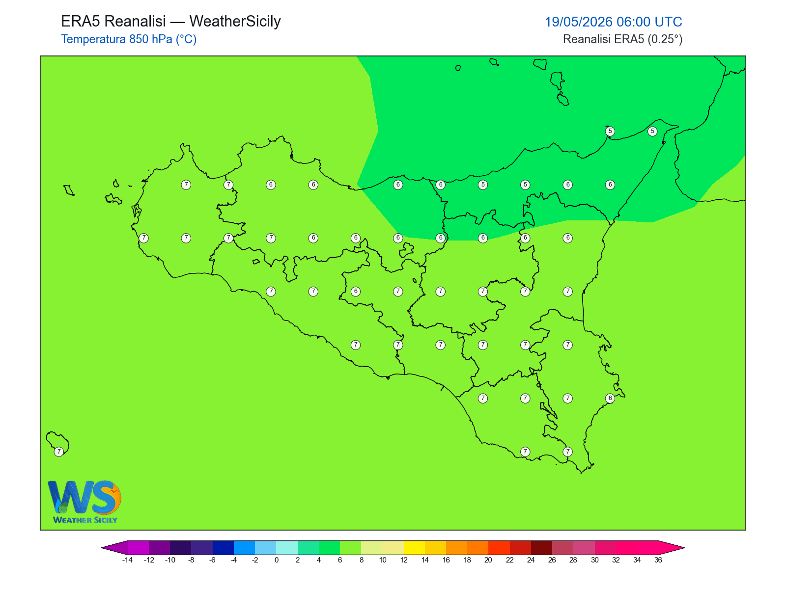 Temperatura a 850 hPa · 2026051906