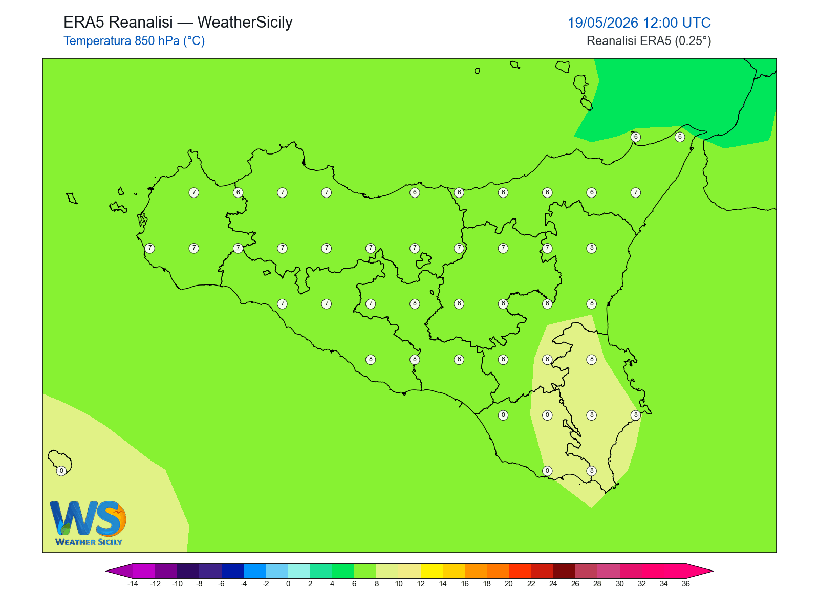 Temperatura a 850 hPa · 2026051912