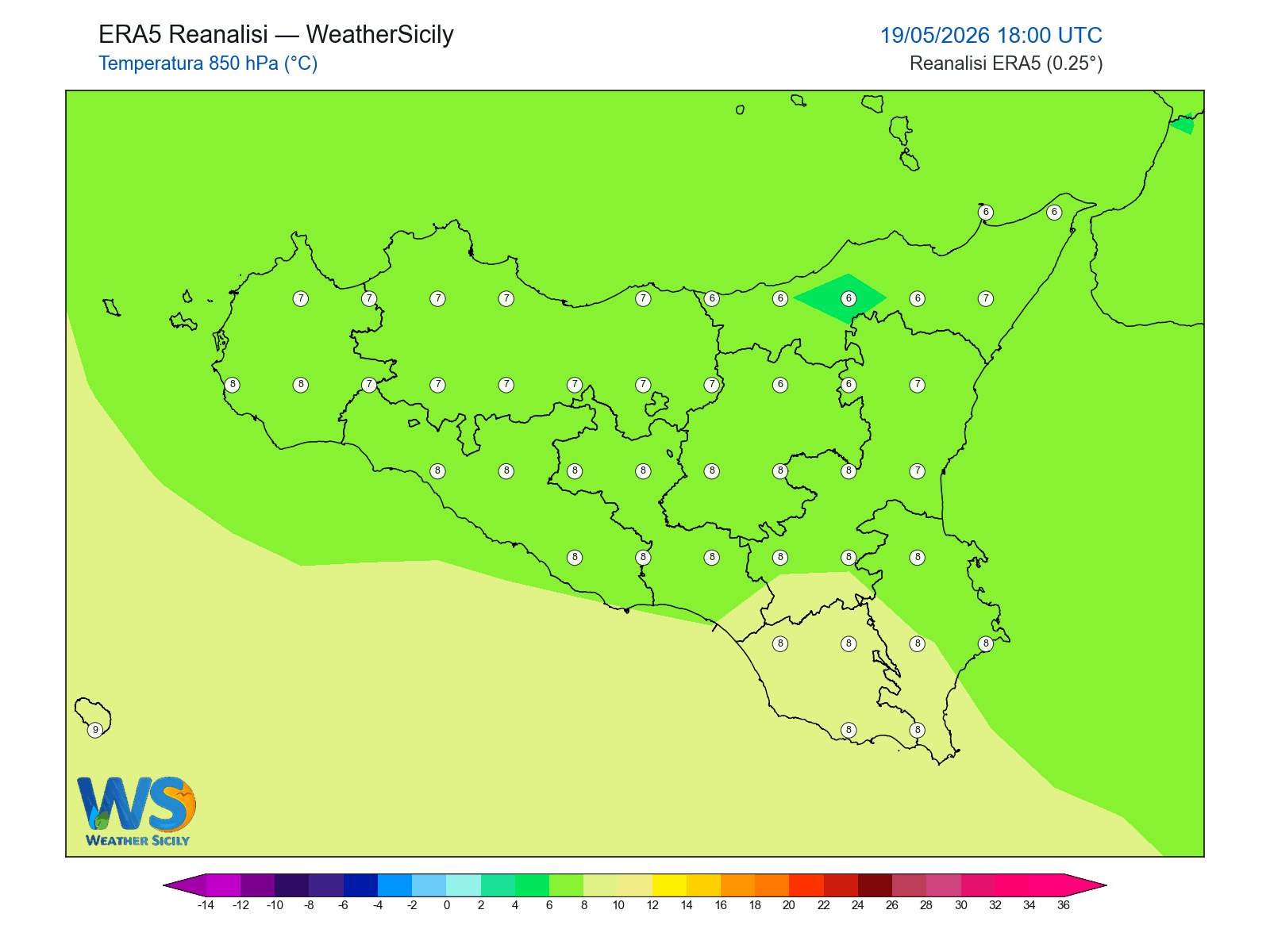 Temperatura a 850 hPa · 2026051918