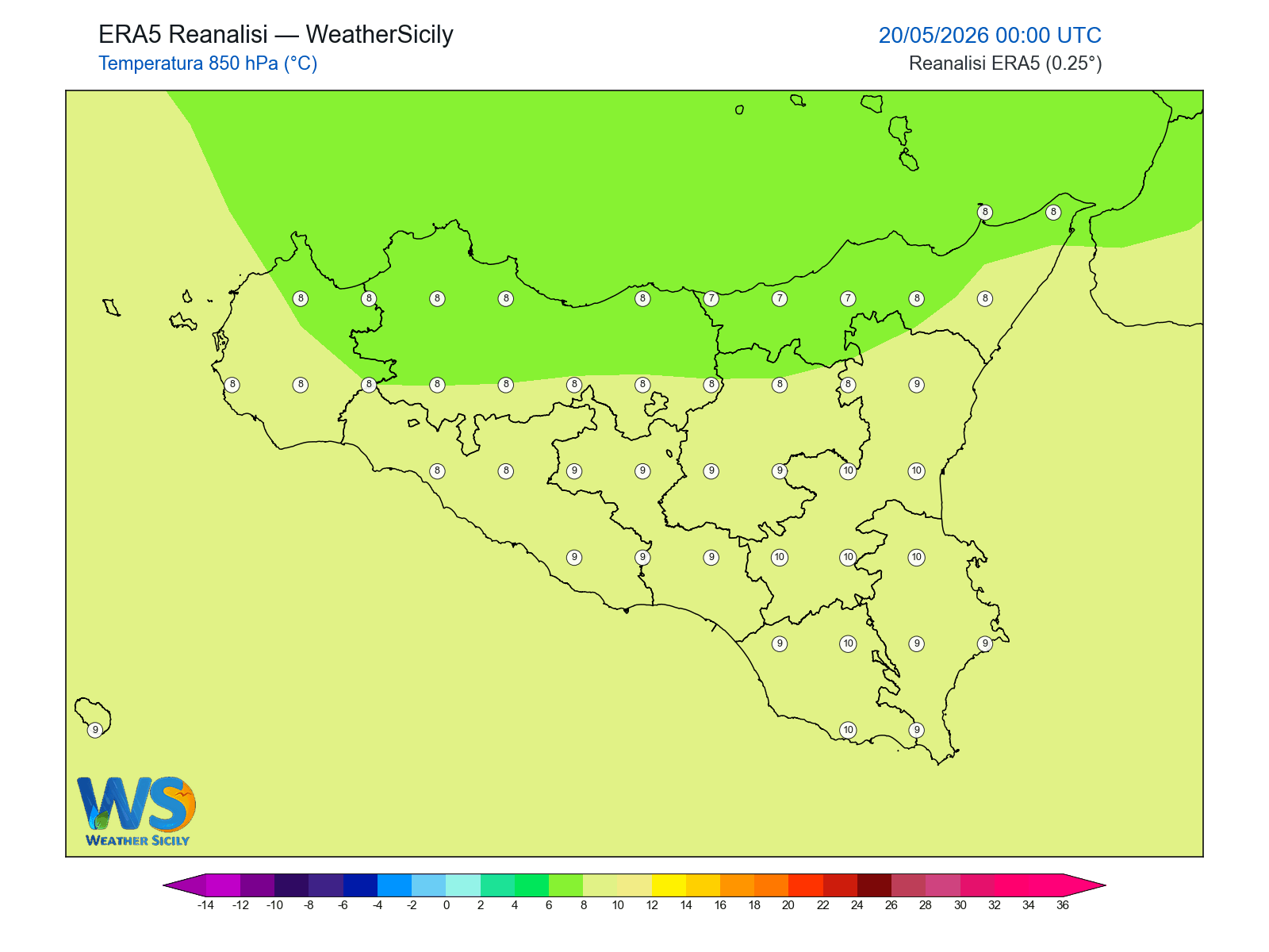 Temperatura a 850 hPa · 2026052000
