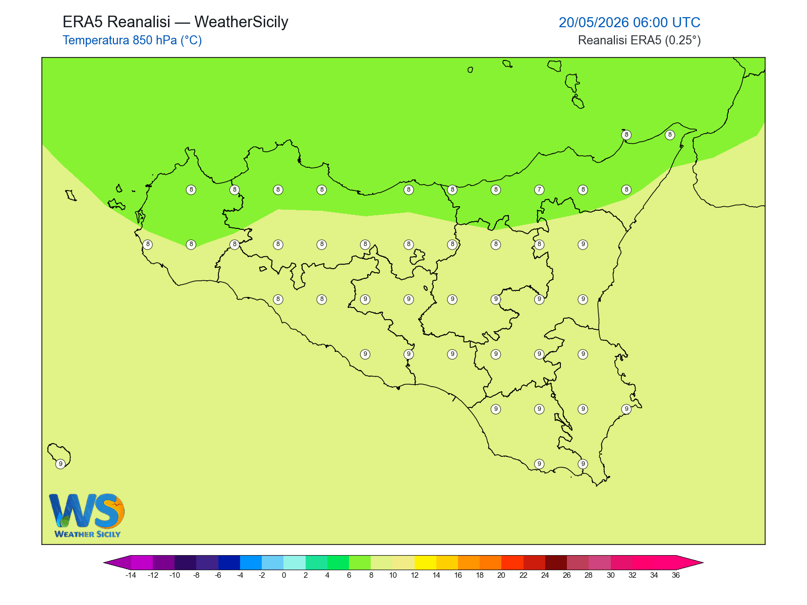 Temperatura a 850 hPa · 2026052006