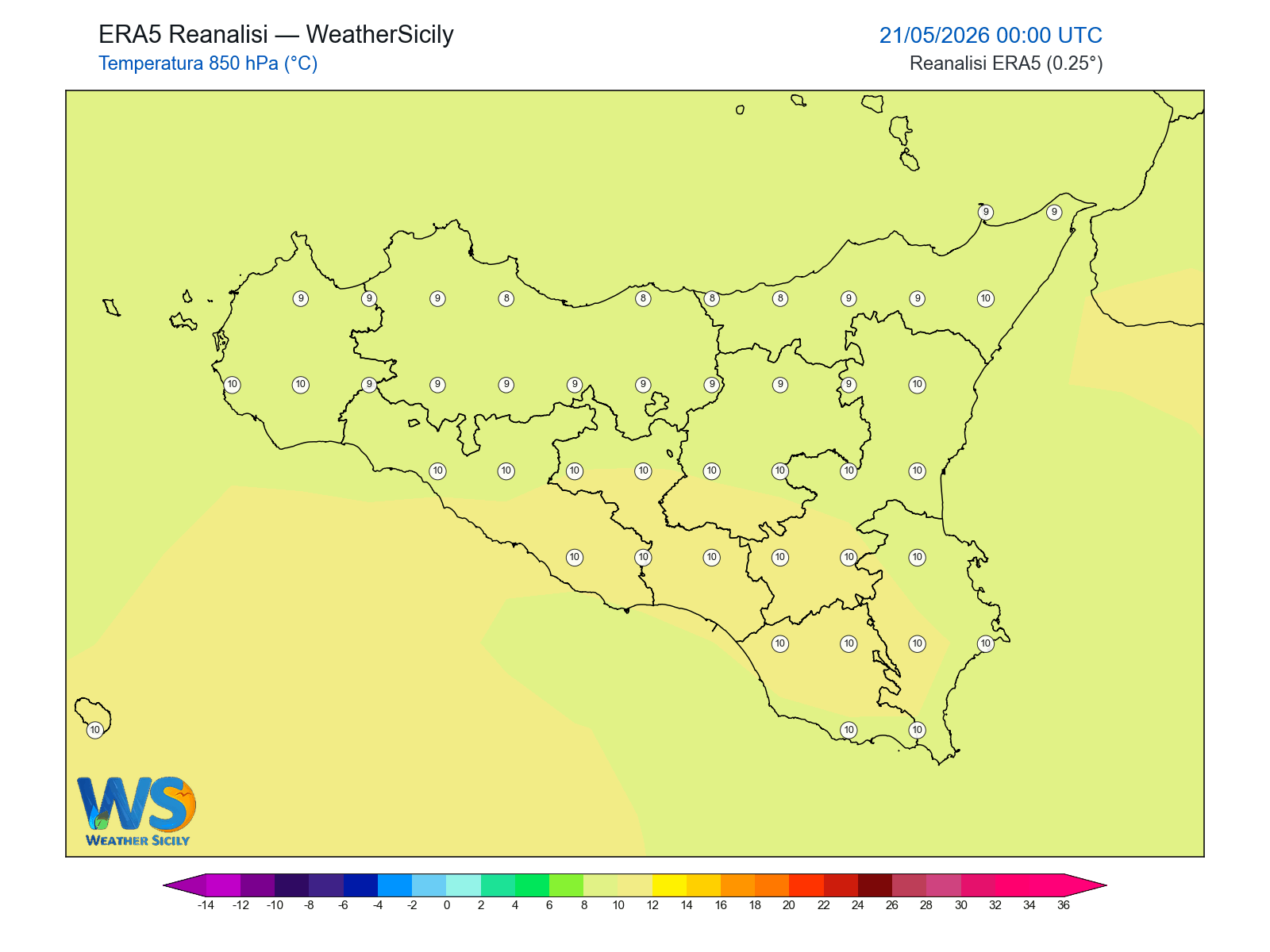 Temperatura a 850 hPa · 2026052100