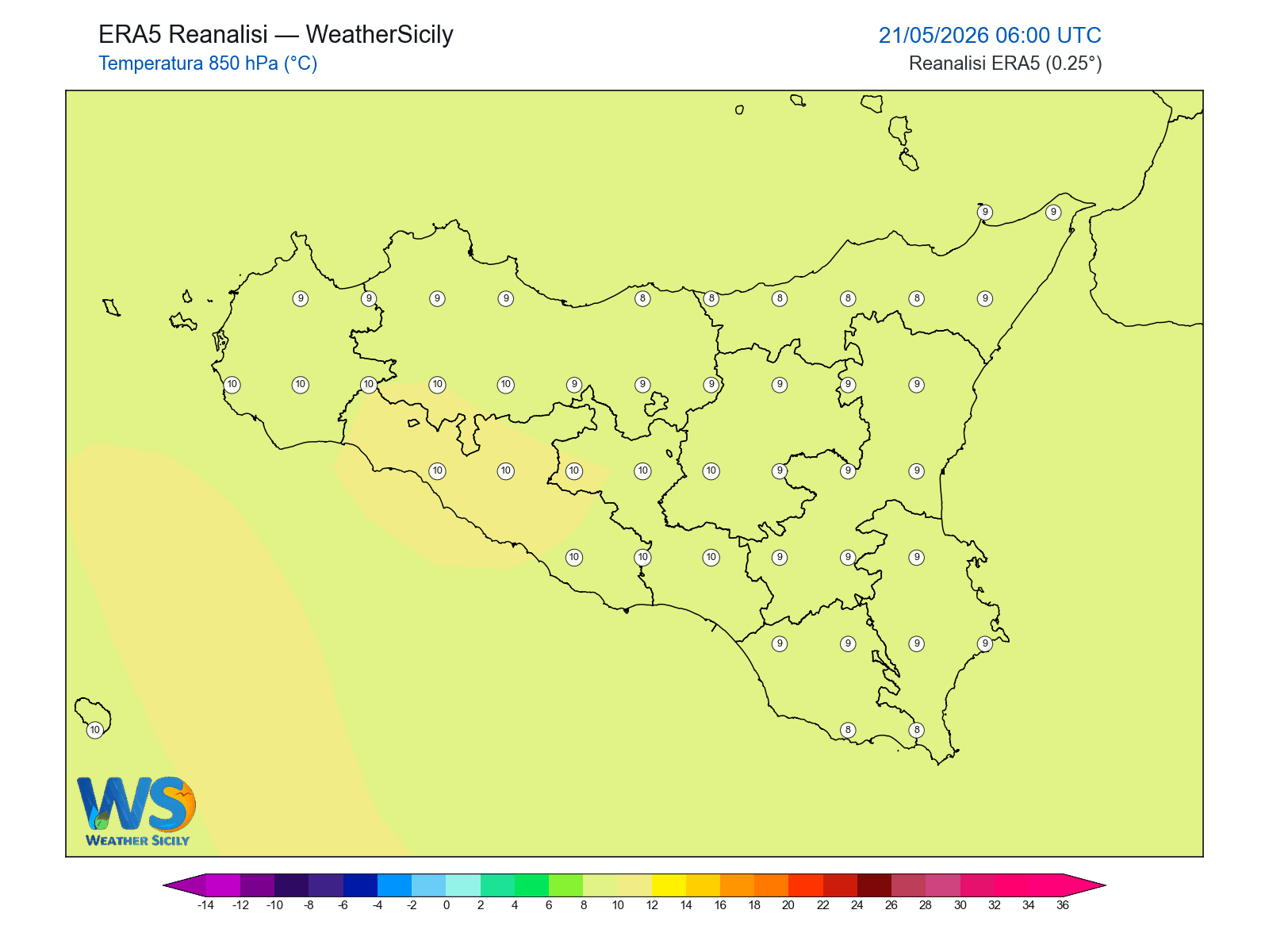 Temperatura a 850 hPa · 2026052106