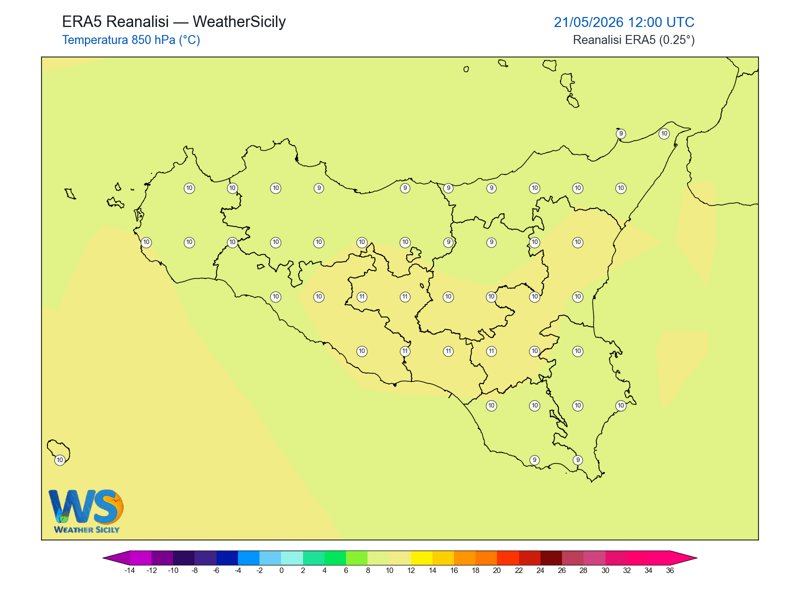 Temperatura a 850 hPa · 2026052112